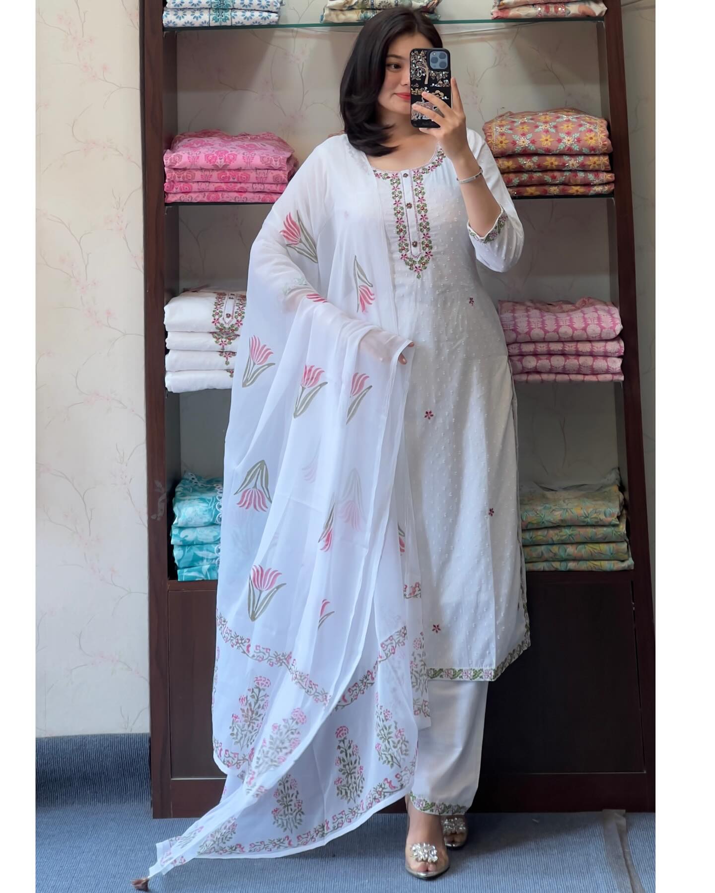 Women’s White Festive Georgette Embroidered Butti Suit Set