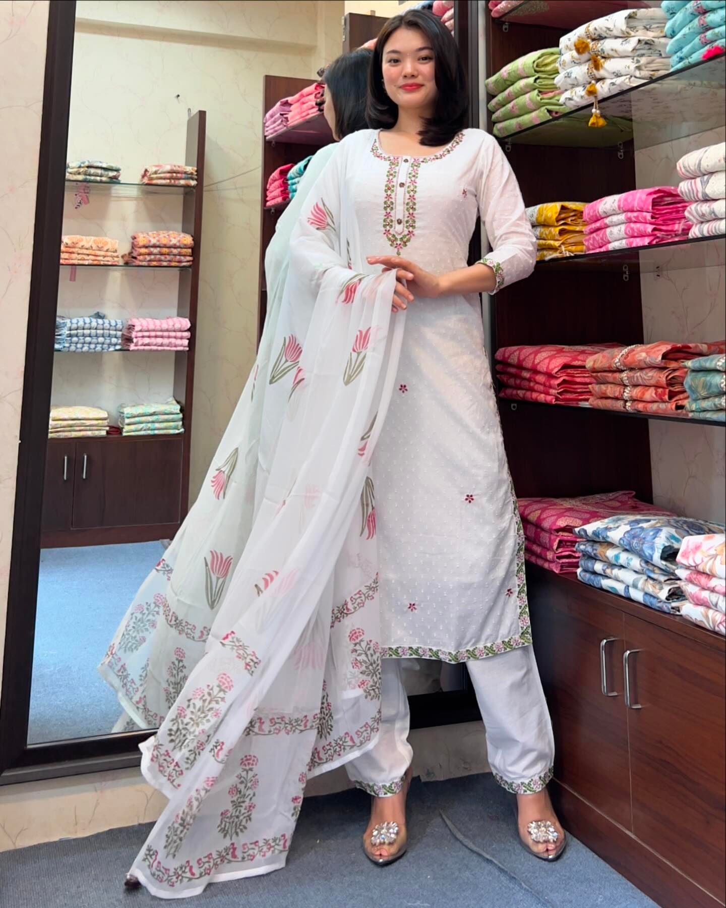 Women’s White Festive Georgette Embroidered Butti Suit Set