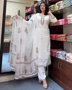 Women’s White Festive Georgette Embroidered Butti Suit Set