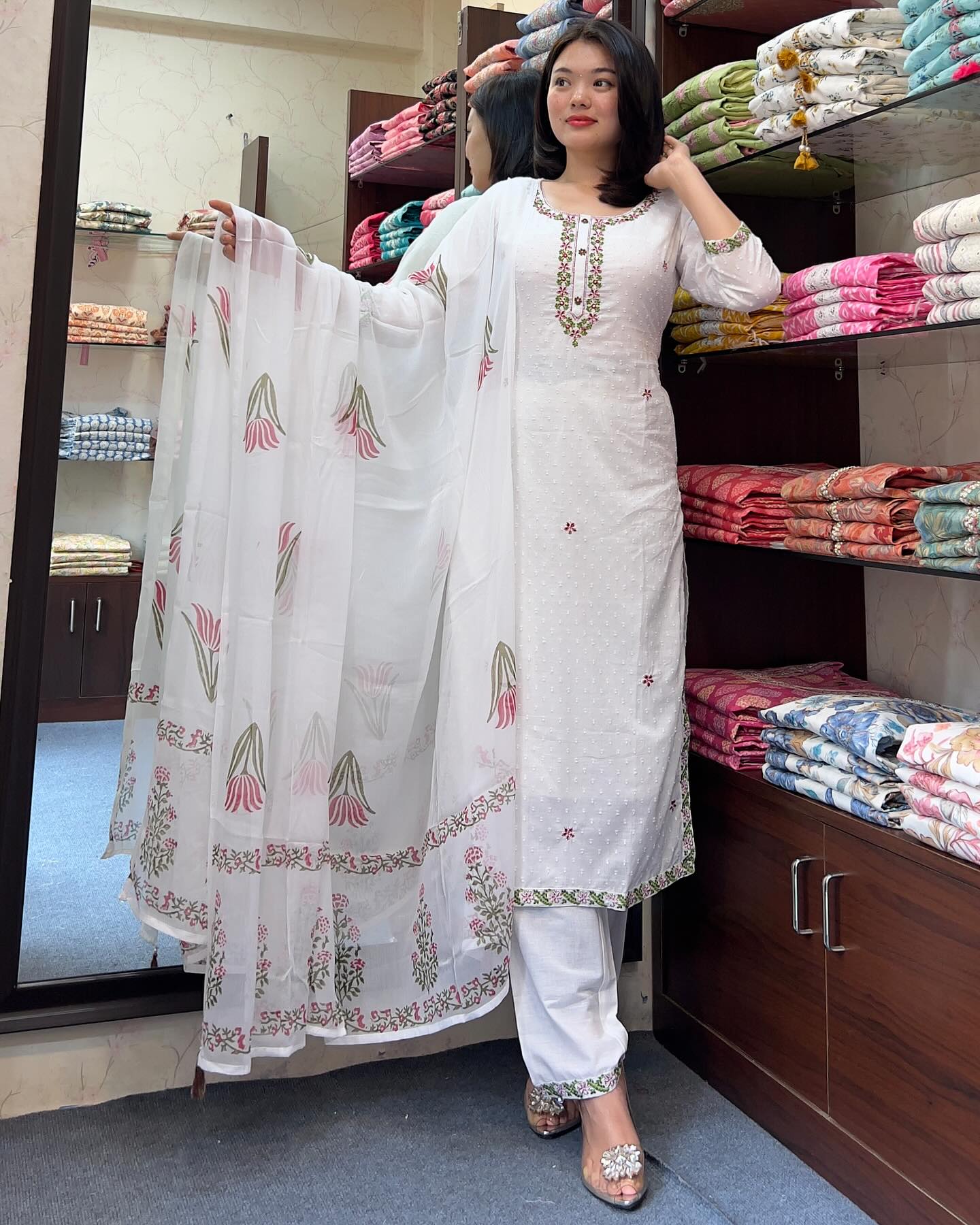 Women’s White Festive Georgette Embroidered Butti Suit Set