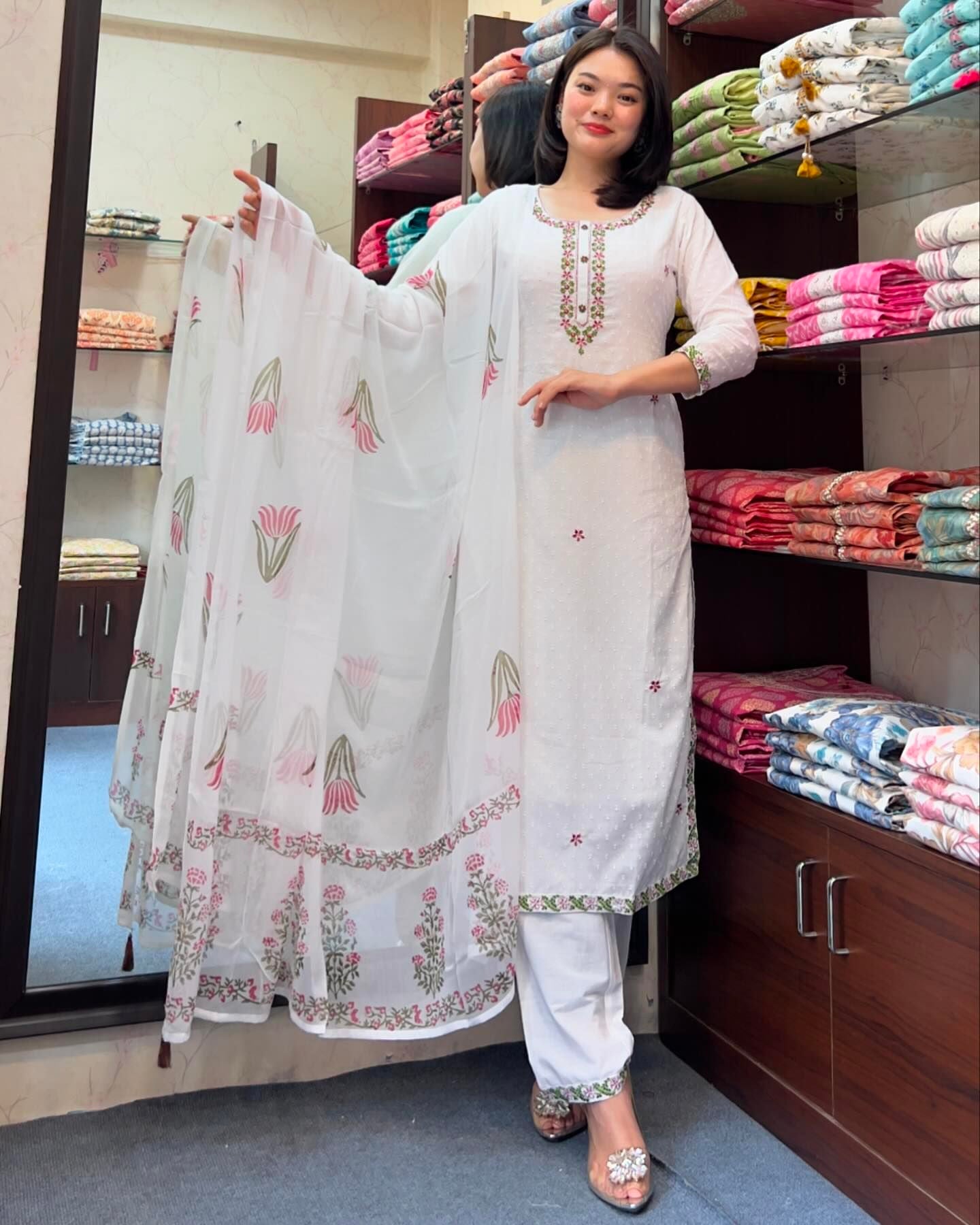 Women’s White Festive Georgette Embroidered Butti Suit Set