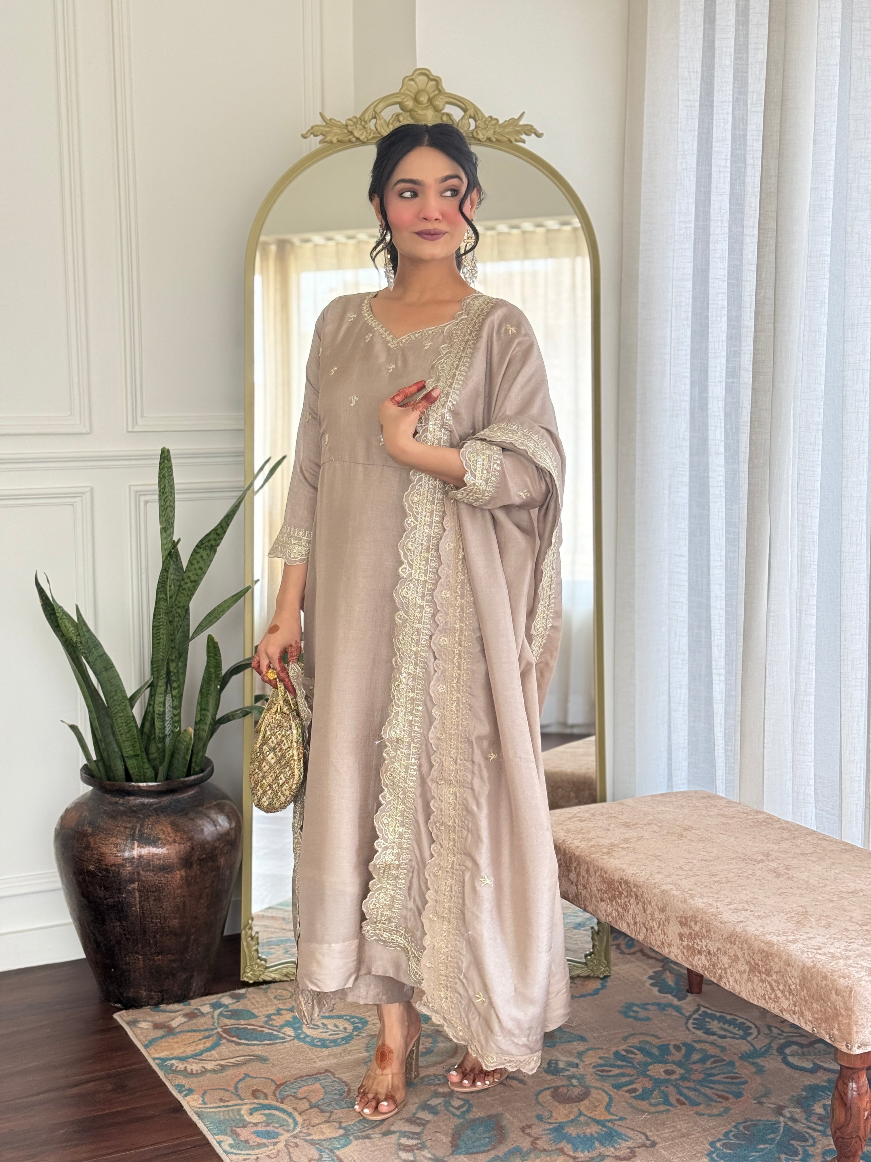 Designer Women’s Cream Anarkali Kurta Set with Embroidery, Pant & Dupatta