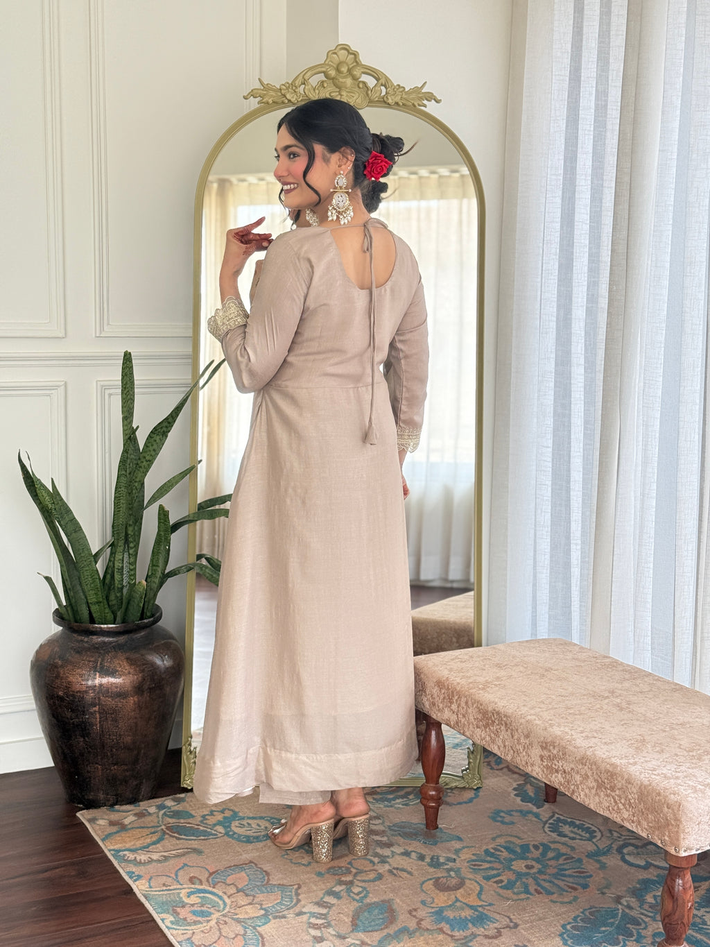 Designer Women’s Cream Anarkali Kurta Set with Embroidery, Pant & Dupatta