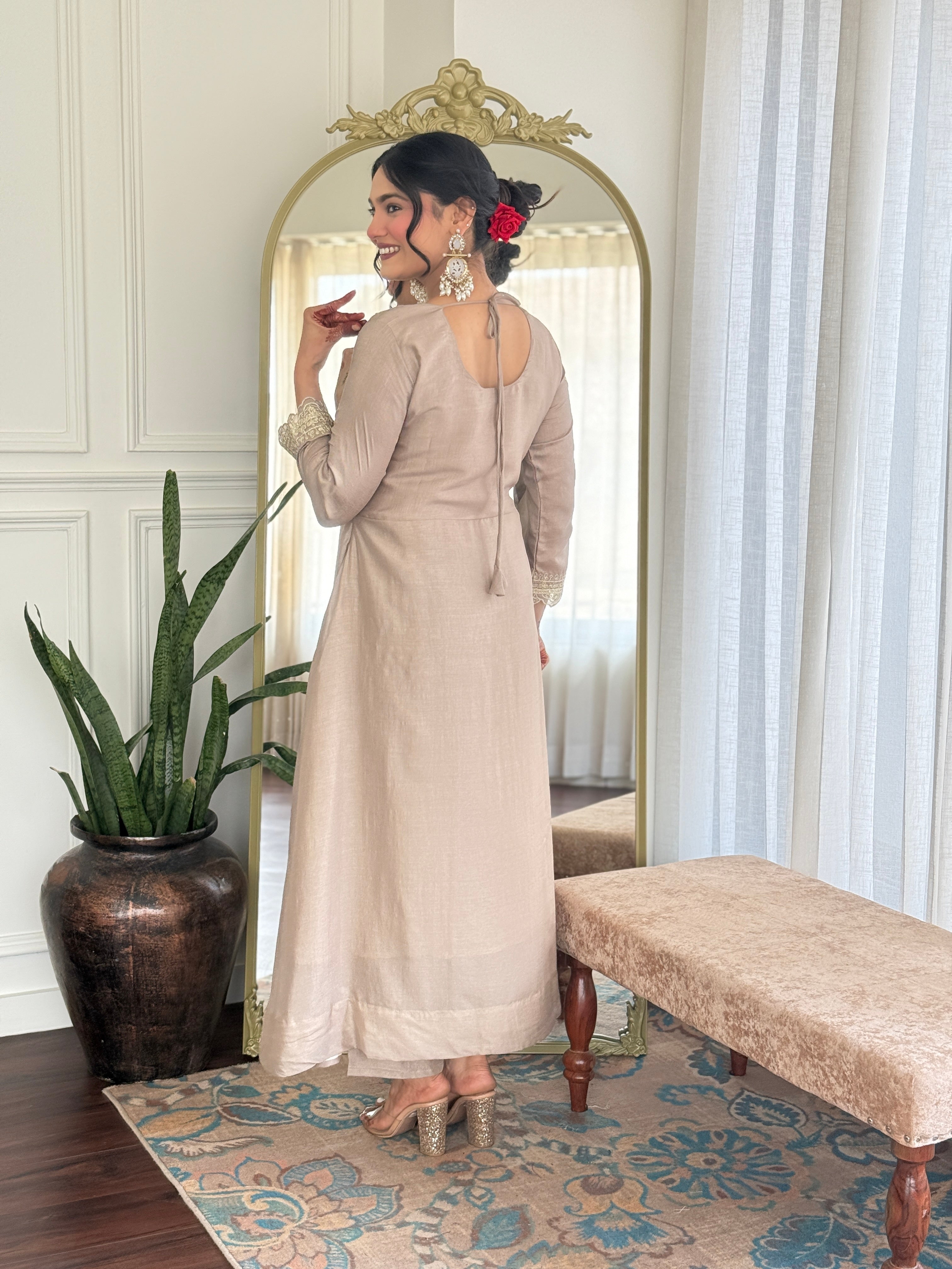 Designer Women’s Cream Anarkali Kurta Set with Embroidery, Pant & Dupatta