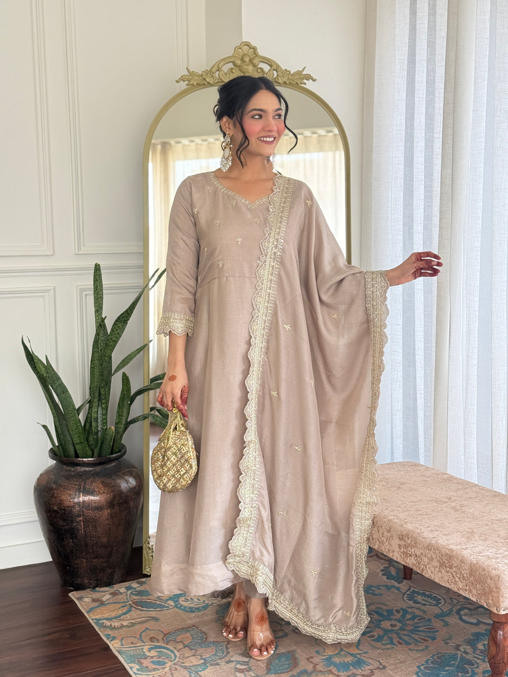 Designer Women’s Cream Anarkali Kurta Set with Embroidery, Pant & Dupatta