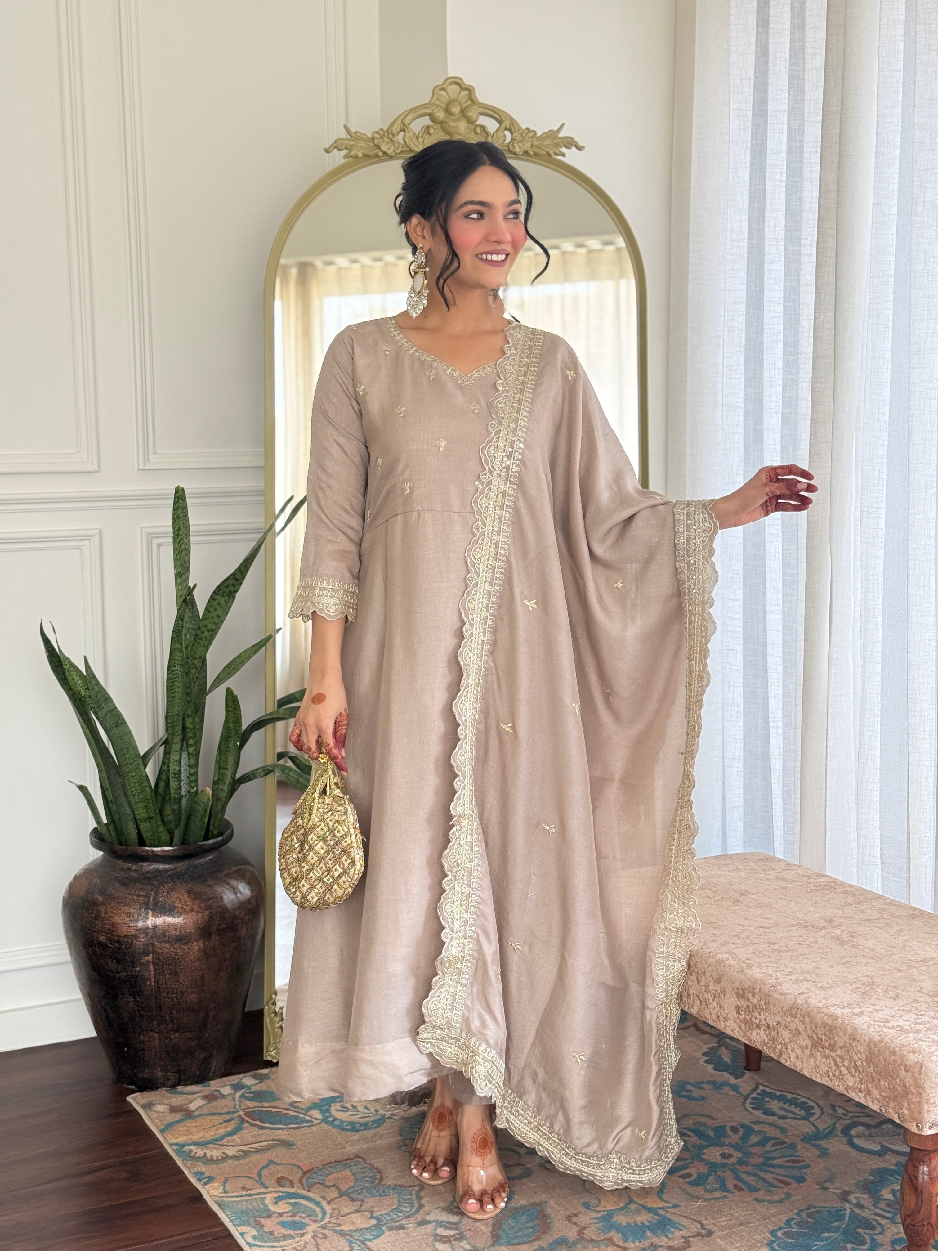 Designer Women’s Cream Anarkali Kurta Set with Embroidery, Pant & Dupatta