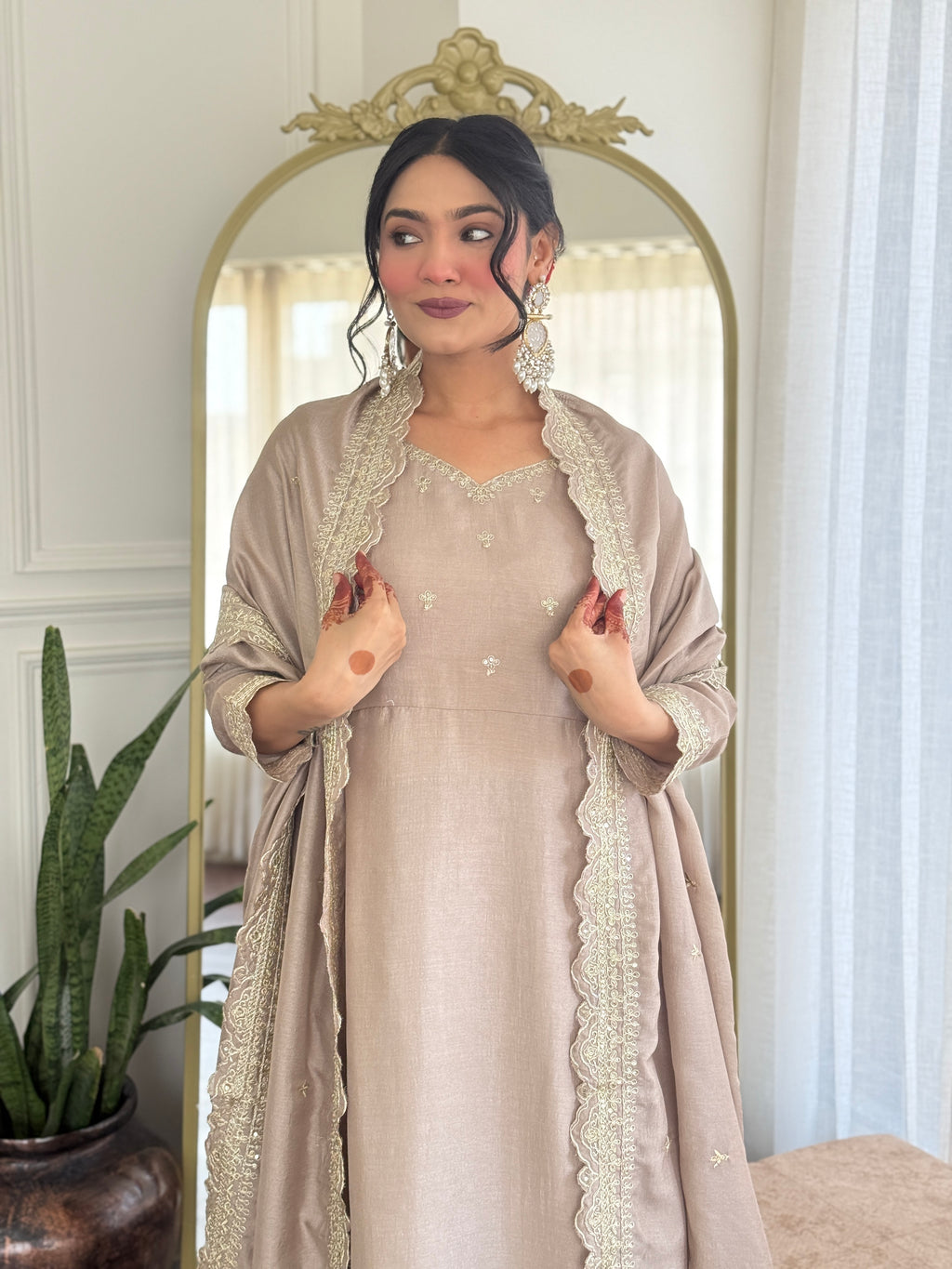 Designer Women’s Cream Anarkali Kurta Set with Embroidery, Pant & Dupatta