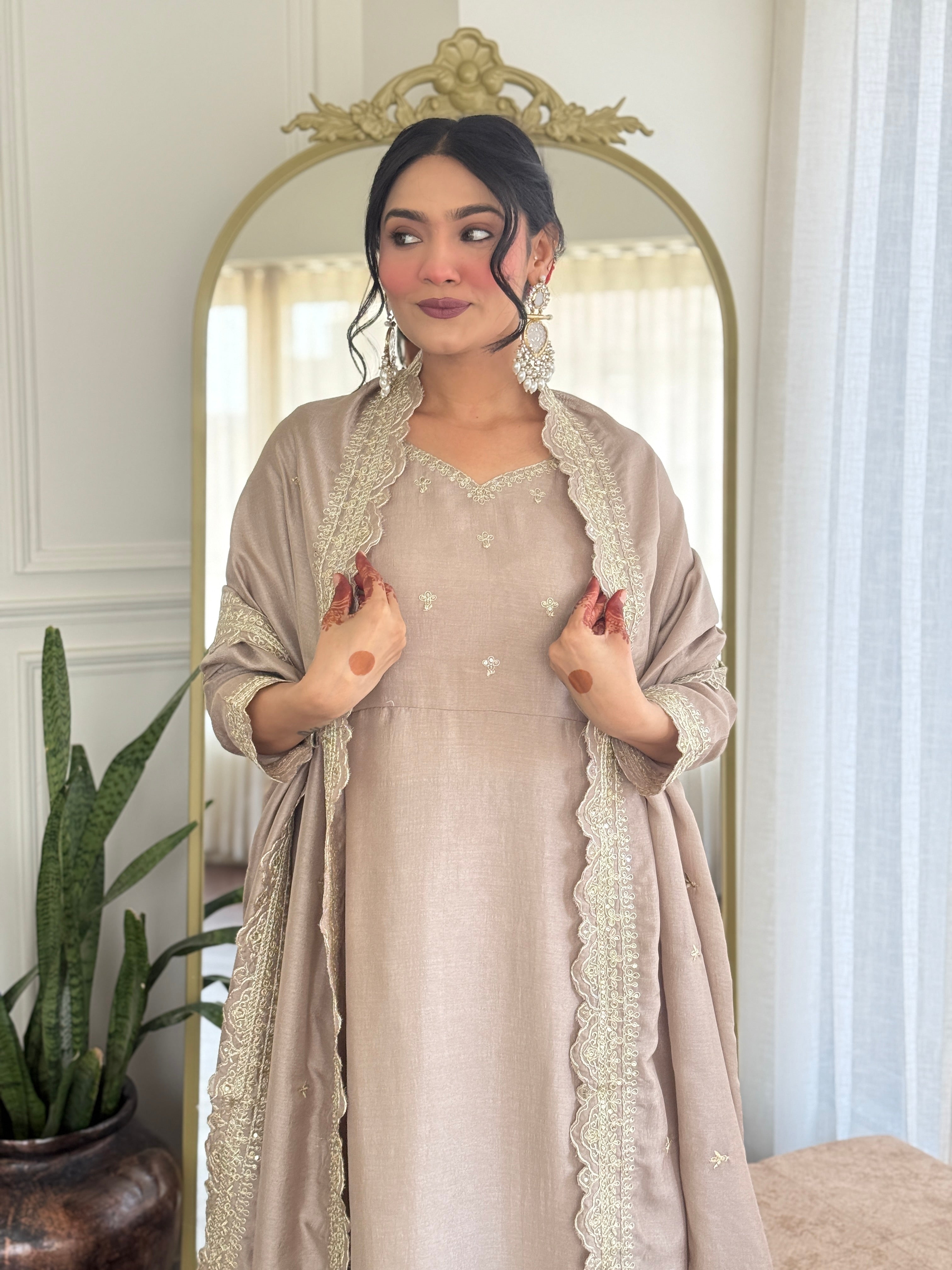 Designer Women’s Cream Anarkali Kurta Set with Embroidery, Pant & Dupatta