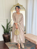 Designer Women’s Cream Anarkali Kurta Set with Embroidery, Pant & Dupatta