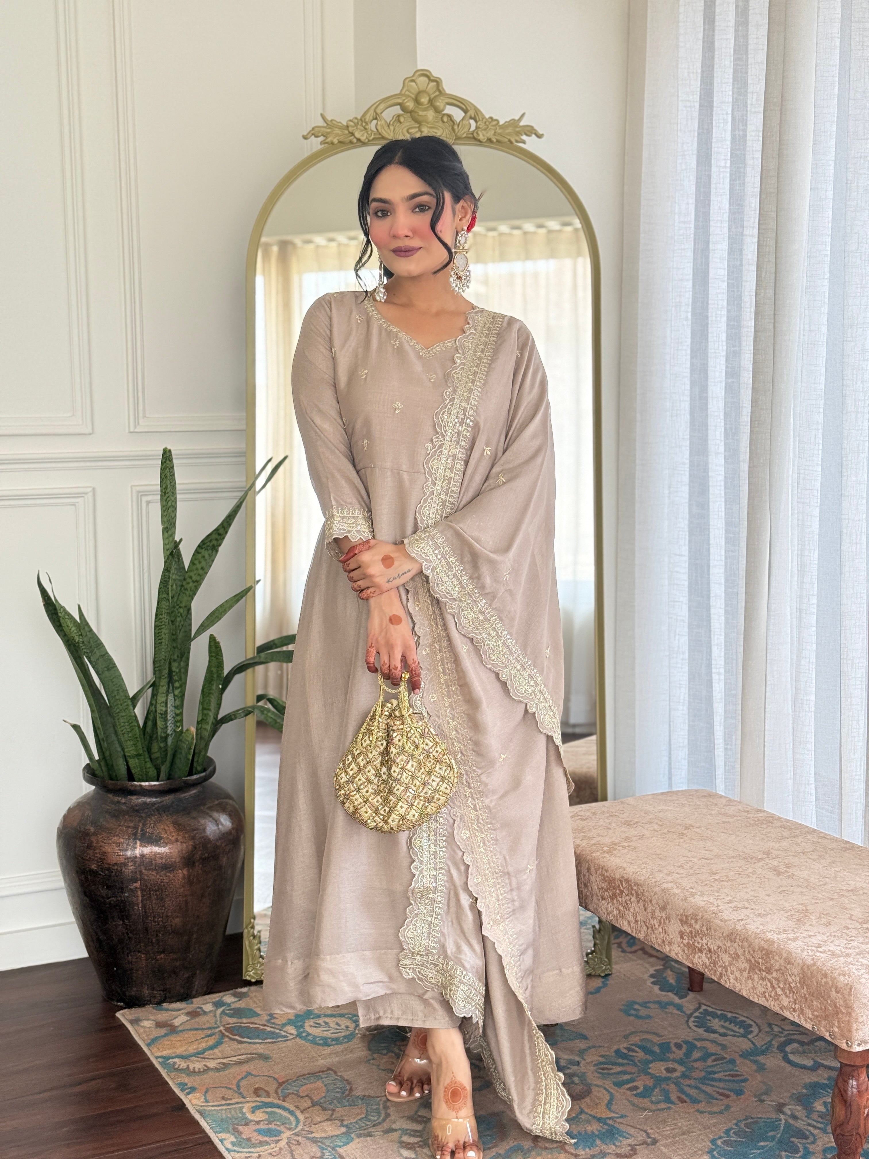 Designer Women’s Cream Anarkali Kurta Set with Embroidery, Pant & Dupatta