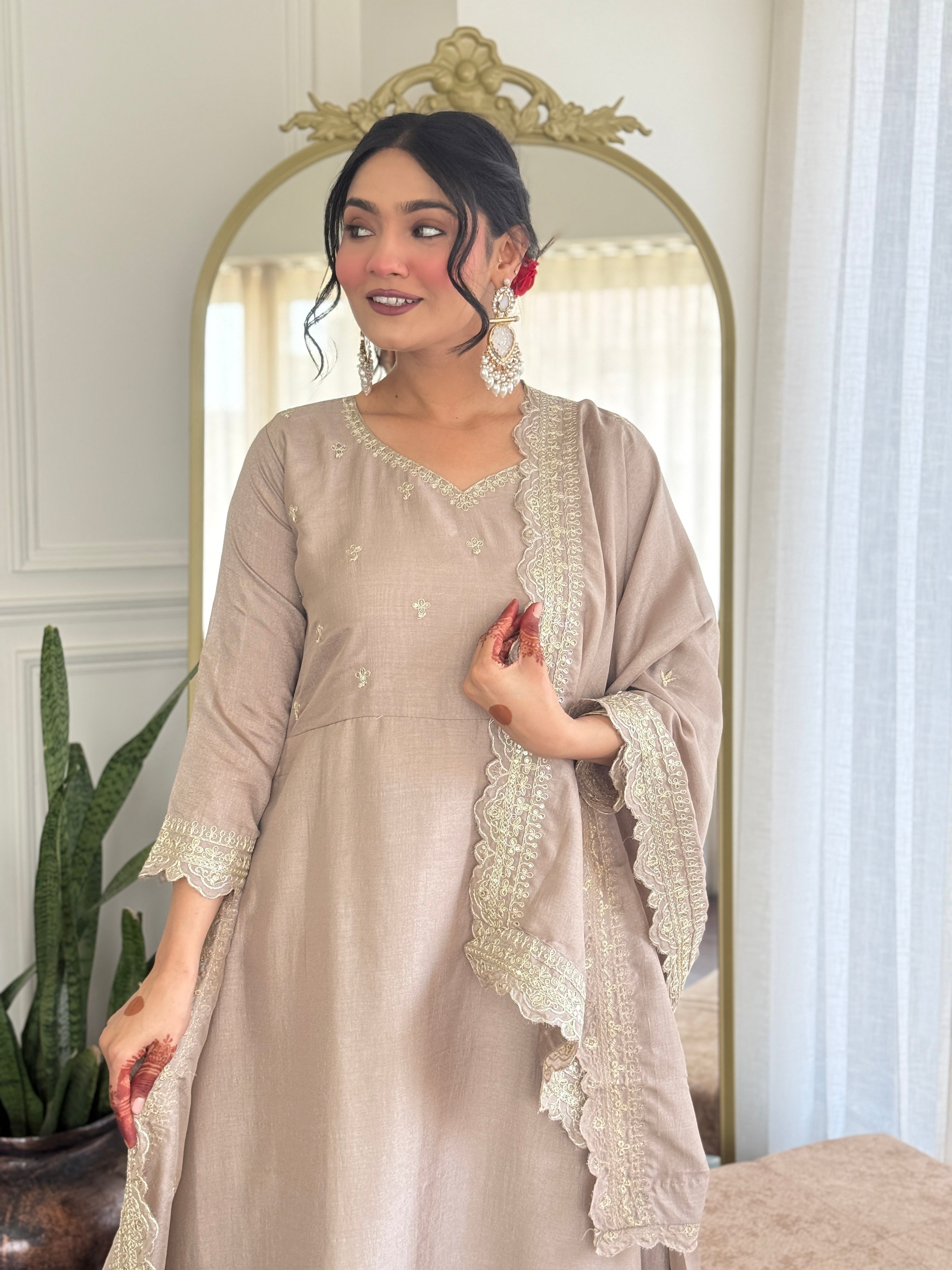 Designer Women’s Cream Anarkali Kurta Set with Embroidery, Pant & Dupatta