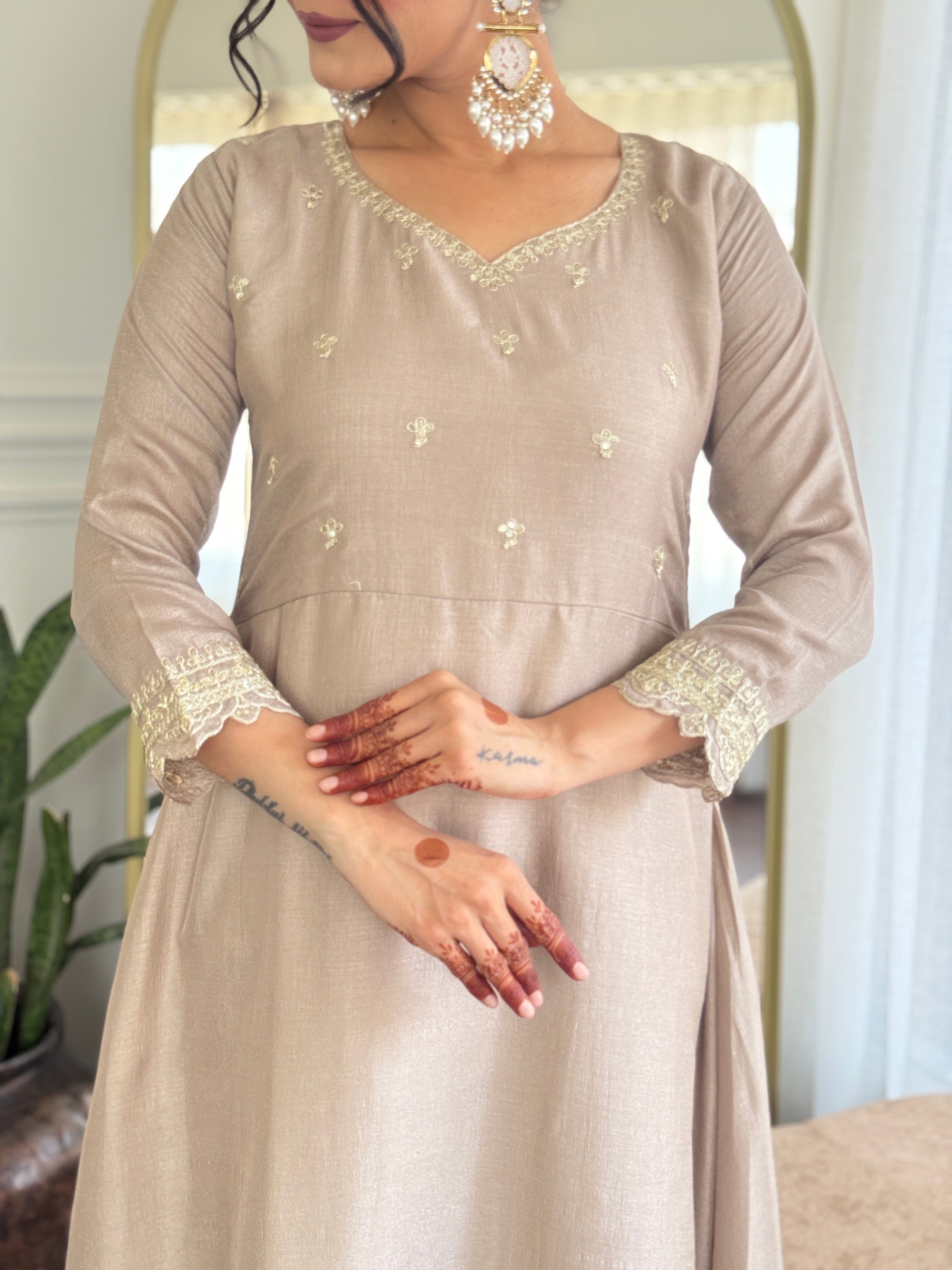 Designer Women’s Cream Anarkali Kurta Set with Embroidery, Pant & Dupatta