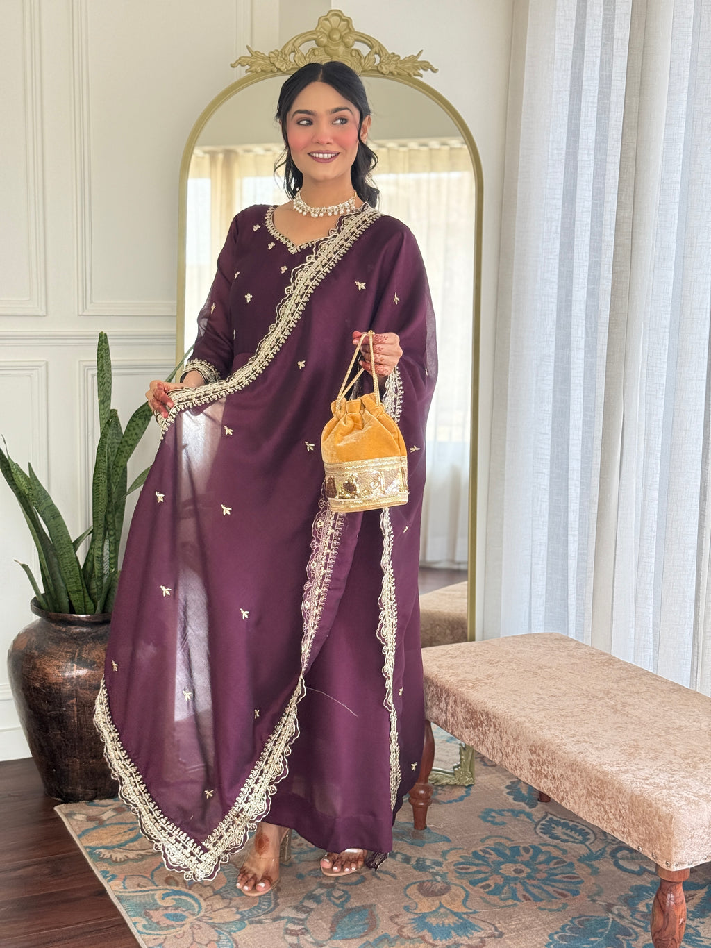 Designer Women’s Wine Anarkali Kurta Set with Embroidery, Pant & Dupatta