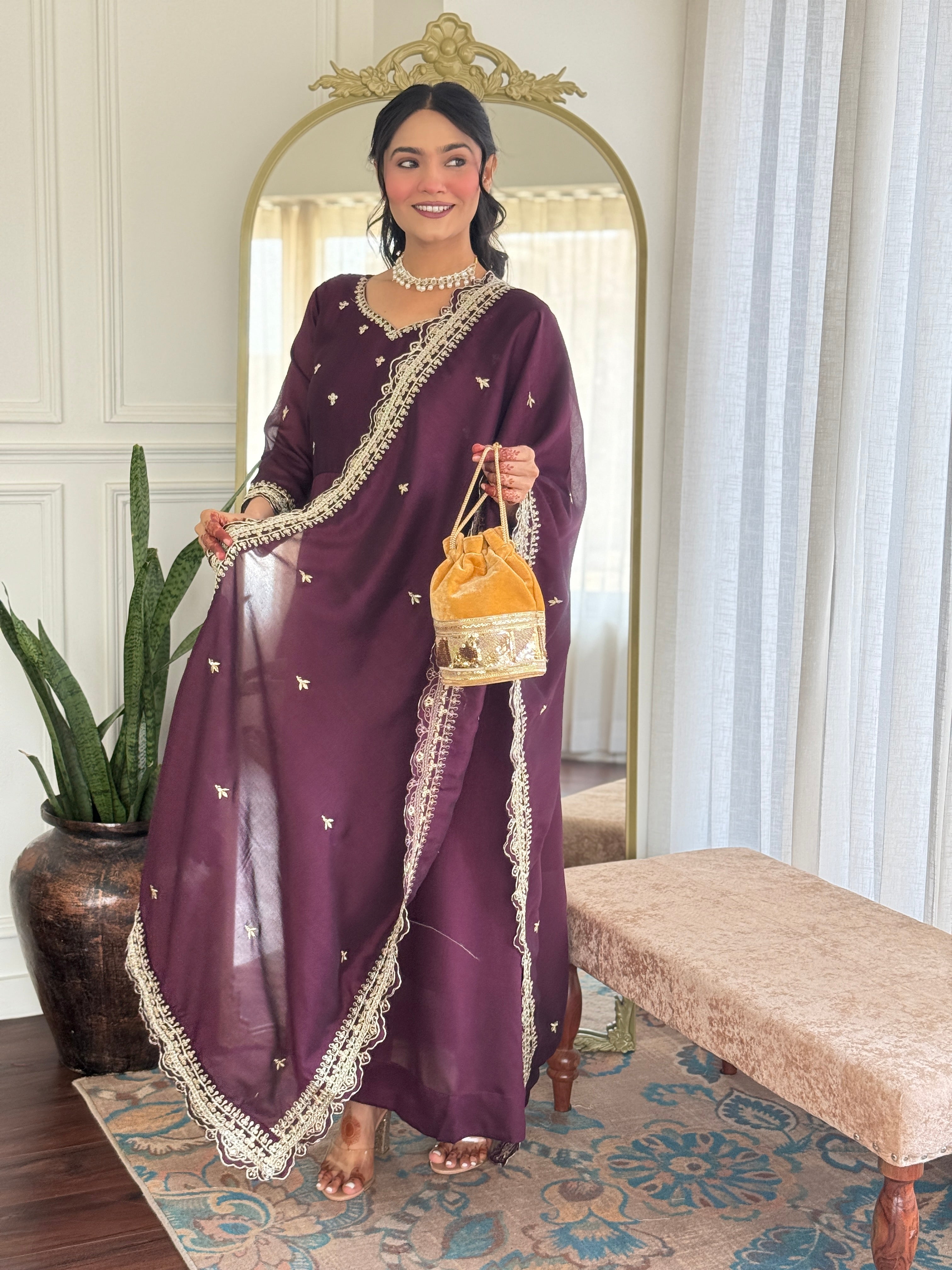 Designer Women’s Wine Anarkali Kurta Set with Embroidery, Pant & Dupatta