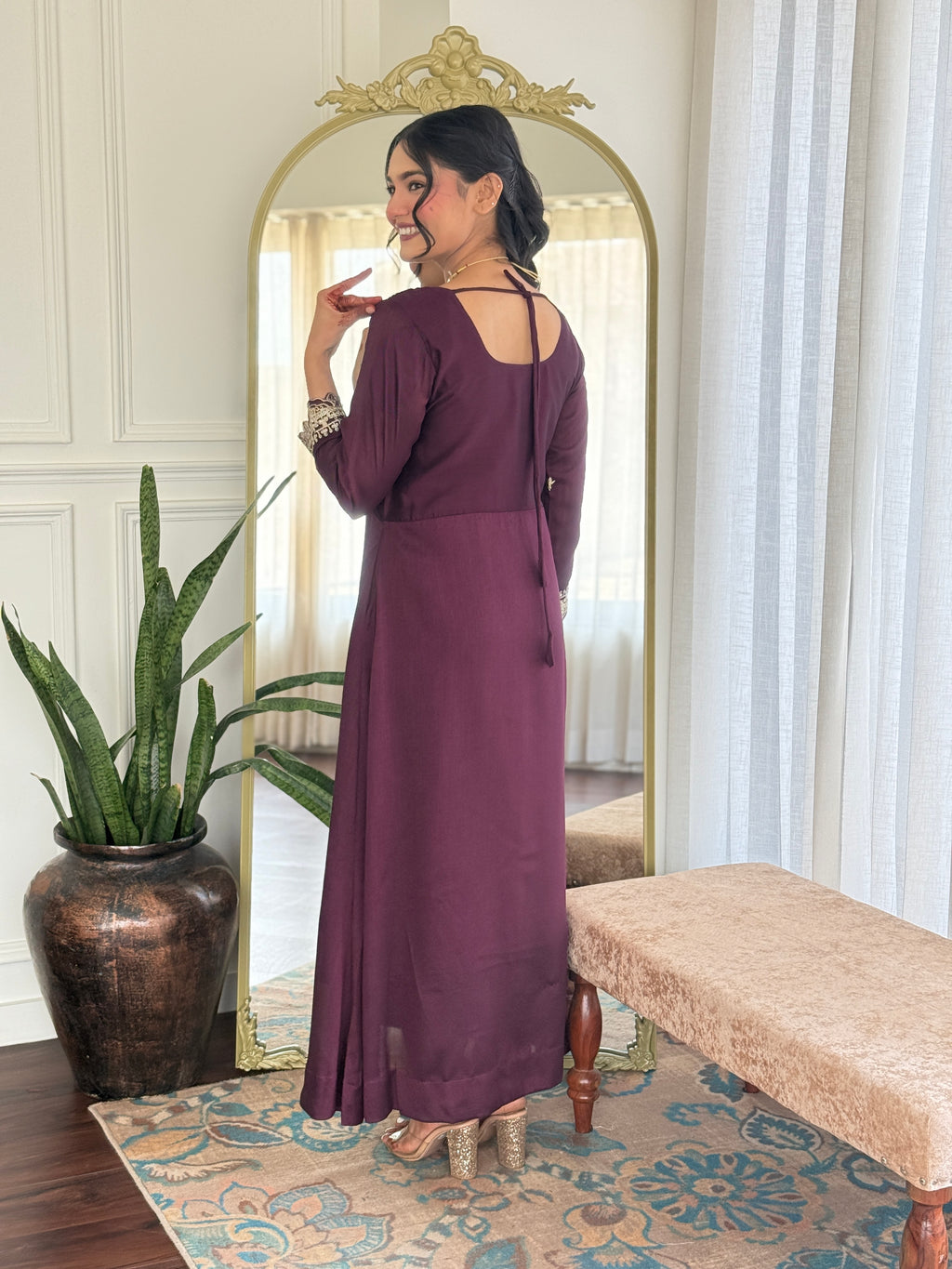 Designer Women’s Wine Anarkali Kurta Set with Embroidery, Pant & Dupatta