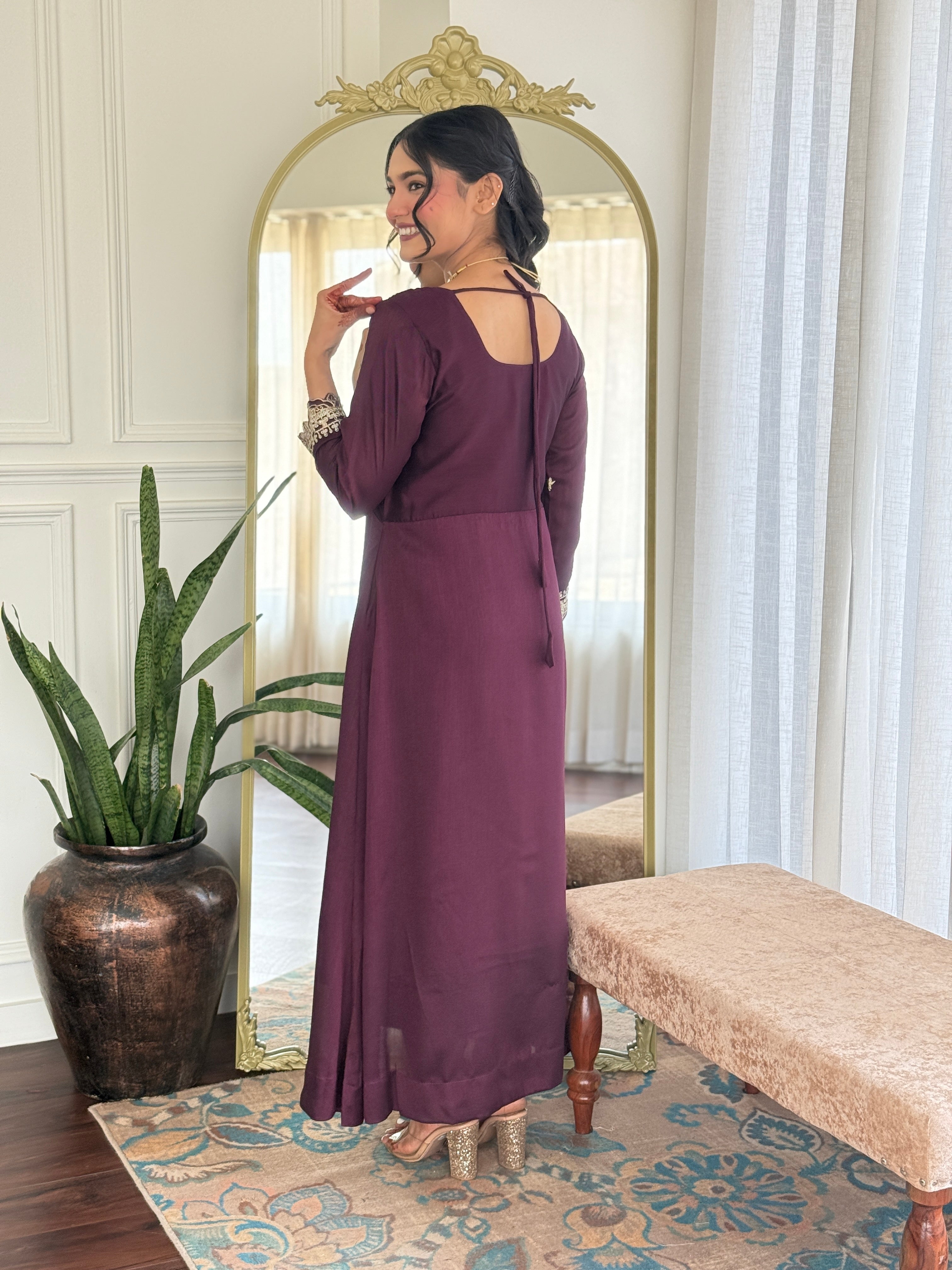 Designer Women’s Wine Anarkali Kurta Set with Embroidery, Pant & Dupatta
