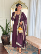 Designer Women’s Wine Anarkali Kurta Set with Embroidery, Pant & Dupatta