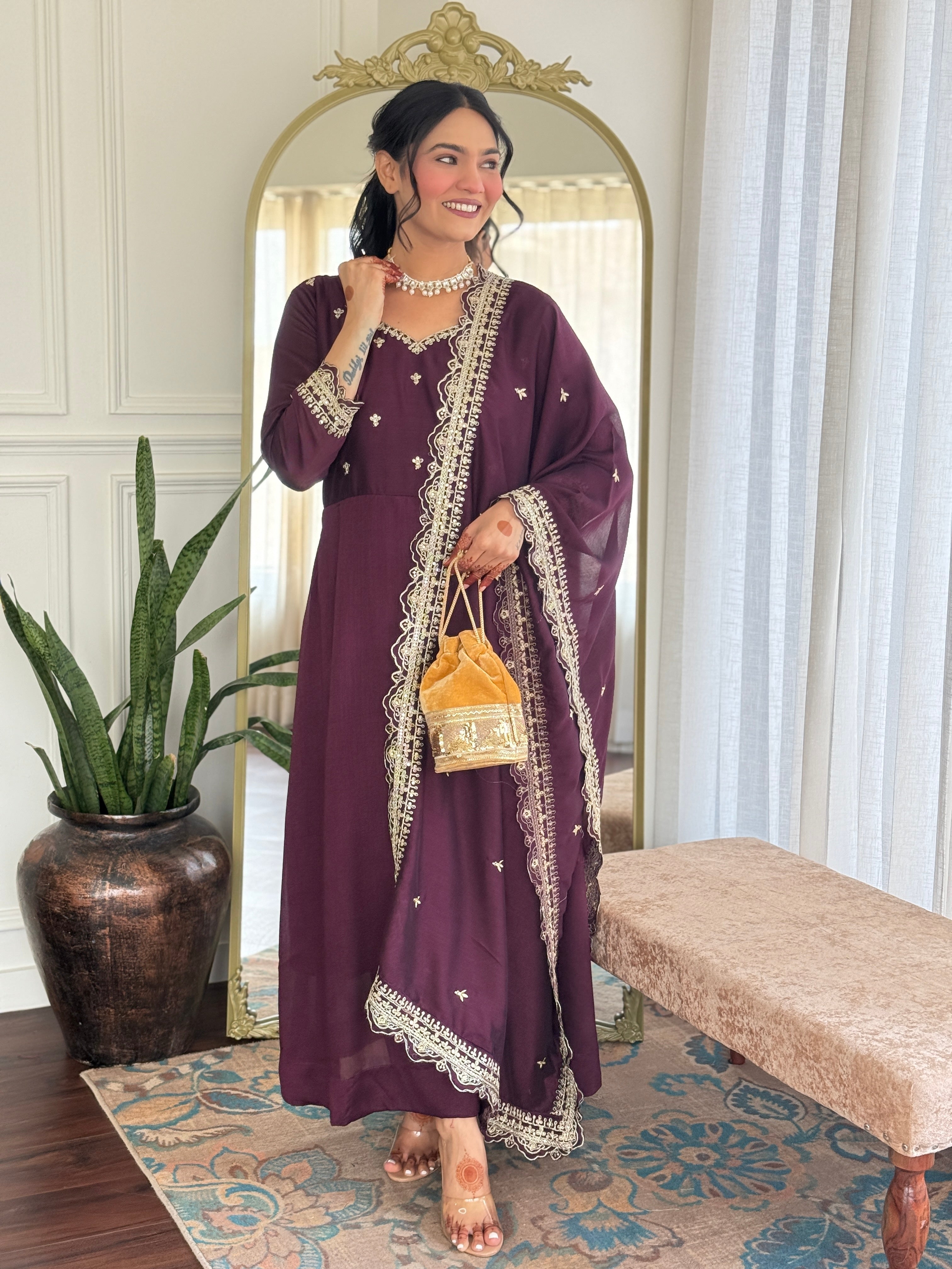 Designer Women’s Wine Anarkali Kurta Set with Embroidery, Pant & Dupatta