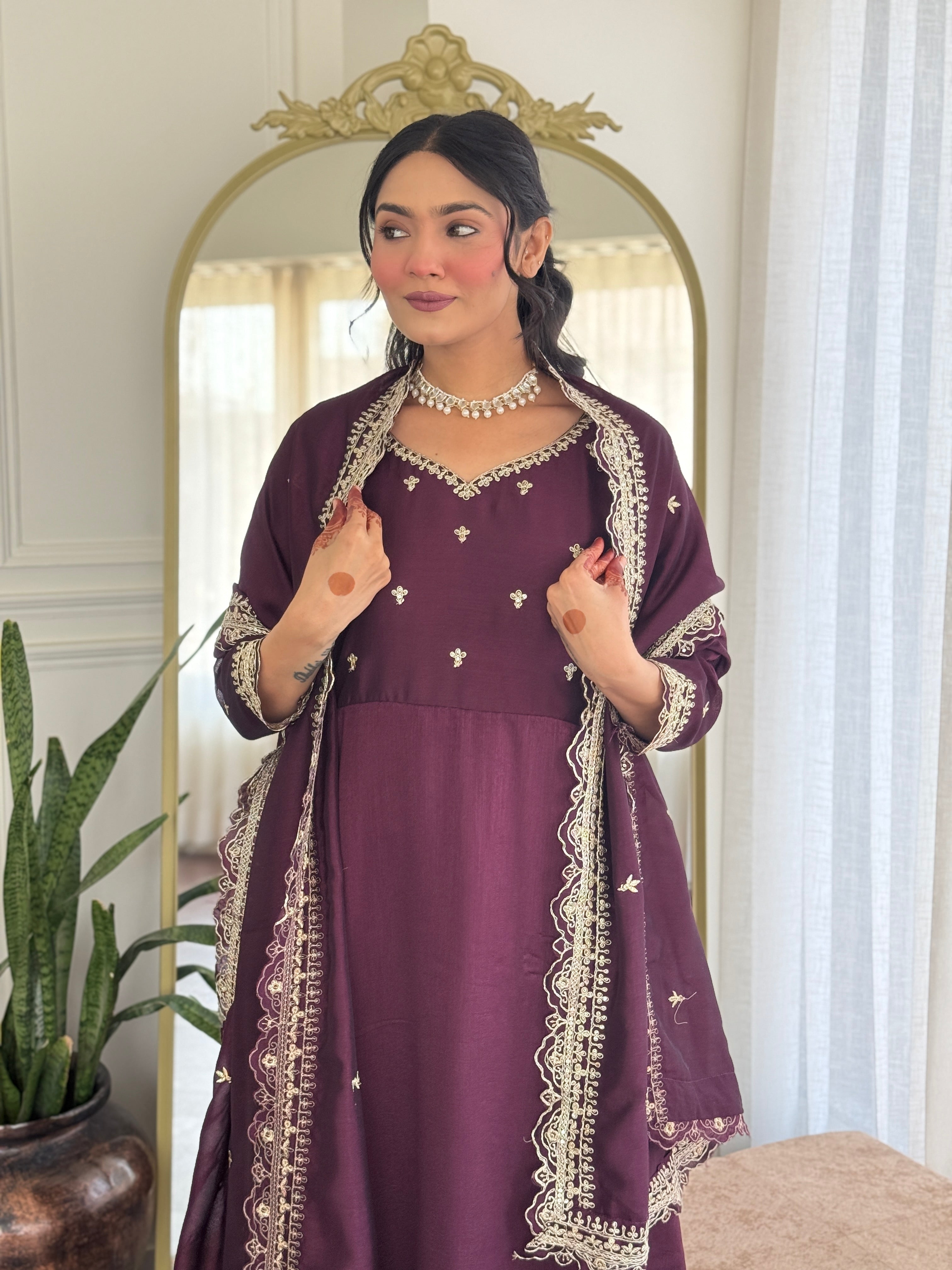 Designer Women’s Wine Anarkali Kurta Set with Embroidery, Pant & Dupatta