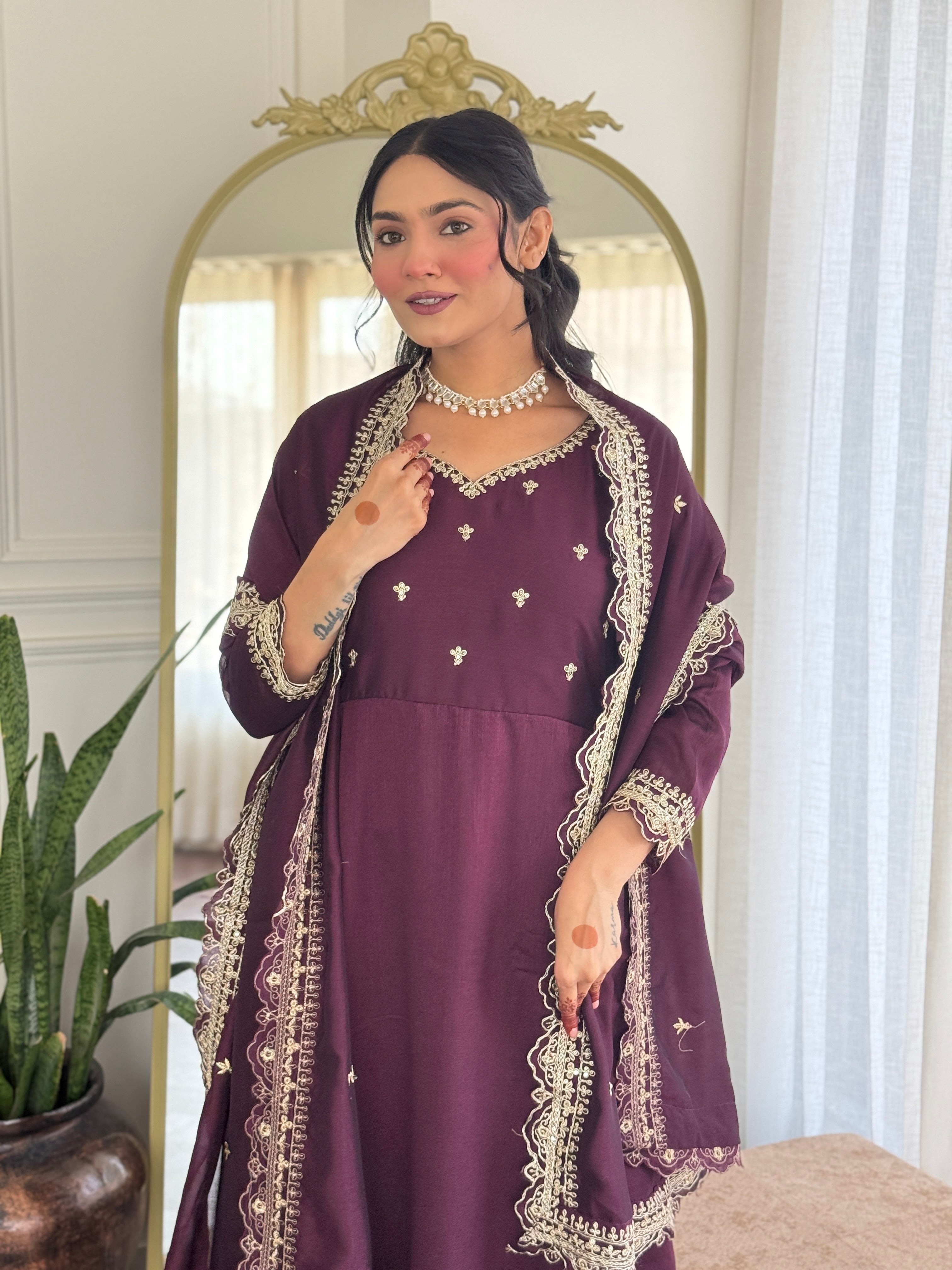 Designer Women’s Wine Anarkali Kurta Set with Embroidery, Pant & Dupatta