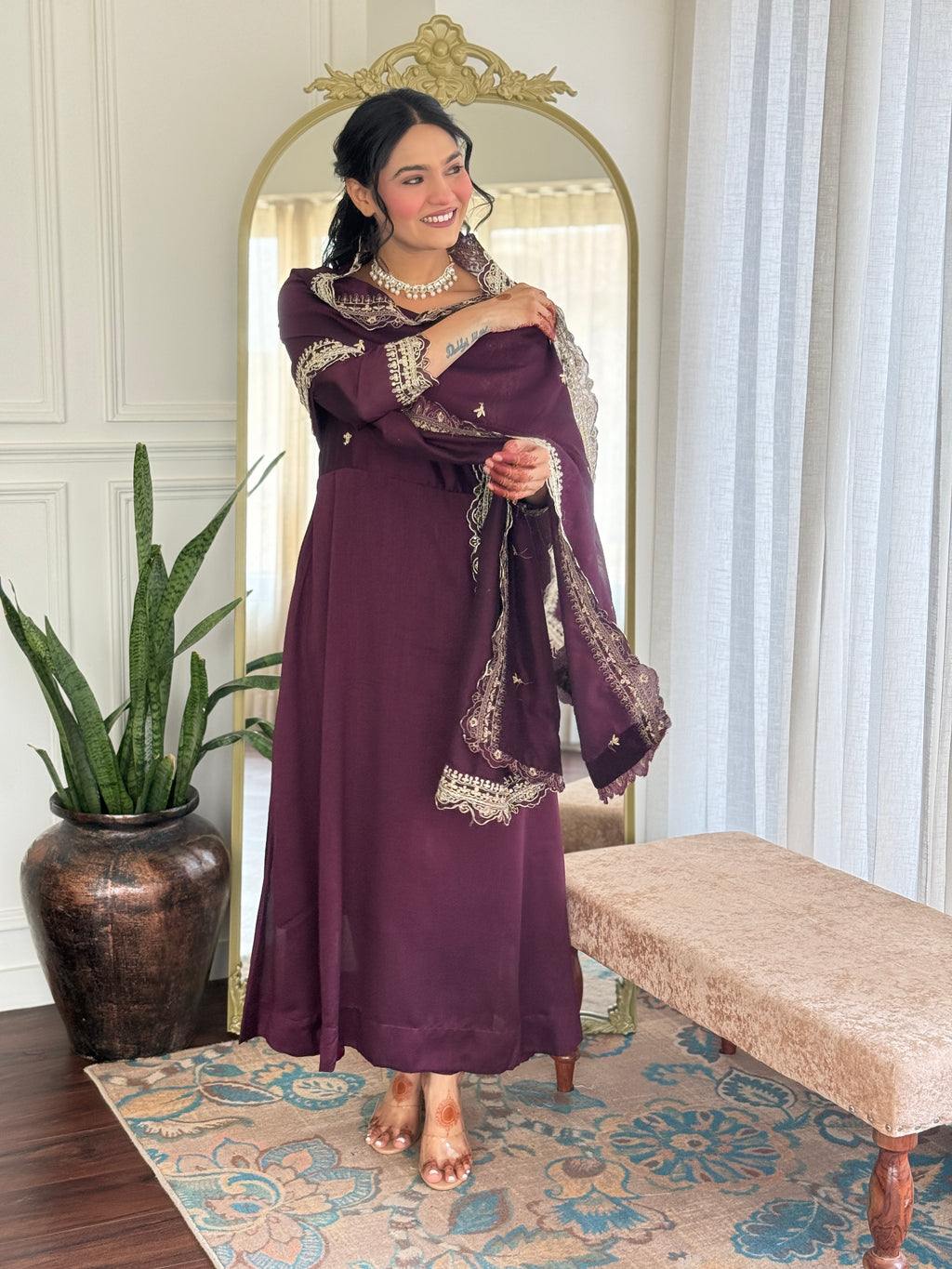 Designer Women’s Wine Anarkali Kurta Set with Embroidery, Pant & Dupatta