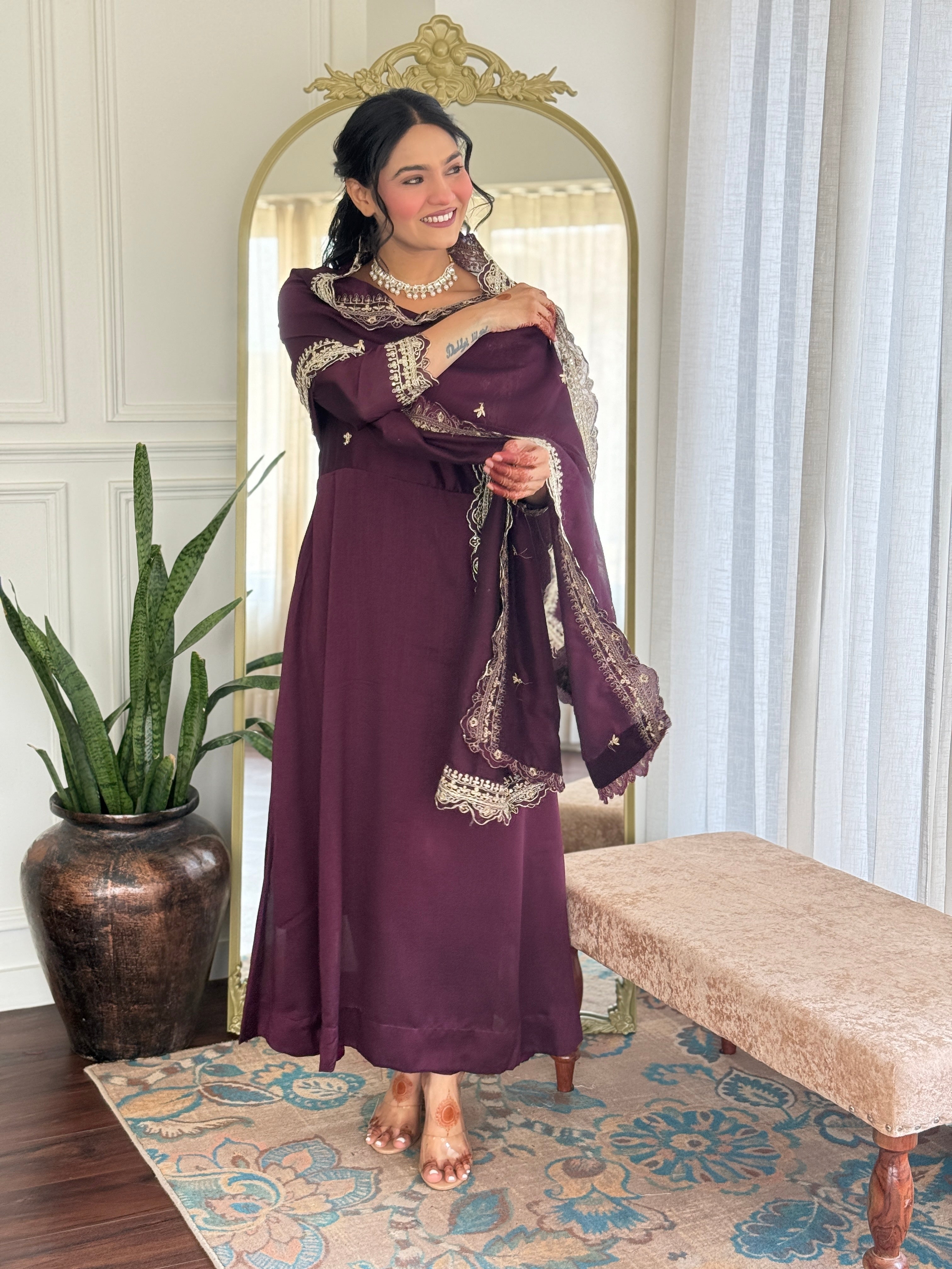 Designer Women’s Wine Anarkali Kurta Set with Embroidery, Pant & Dupatta