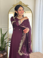 Designer Women’s Wine Anarkali Kurta Set with Embroidery, Pant & Dupatta