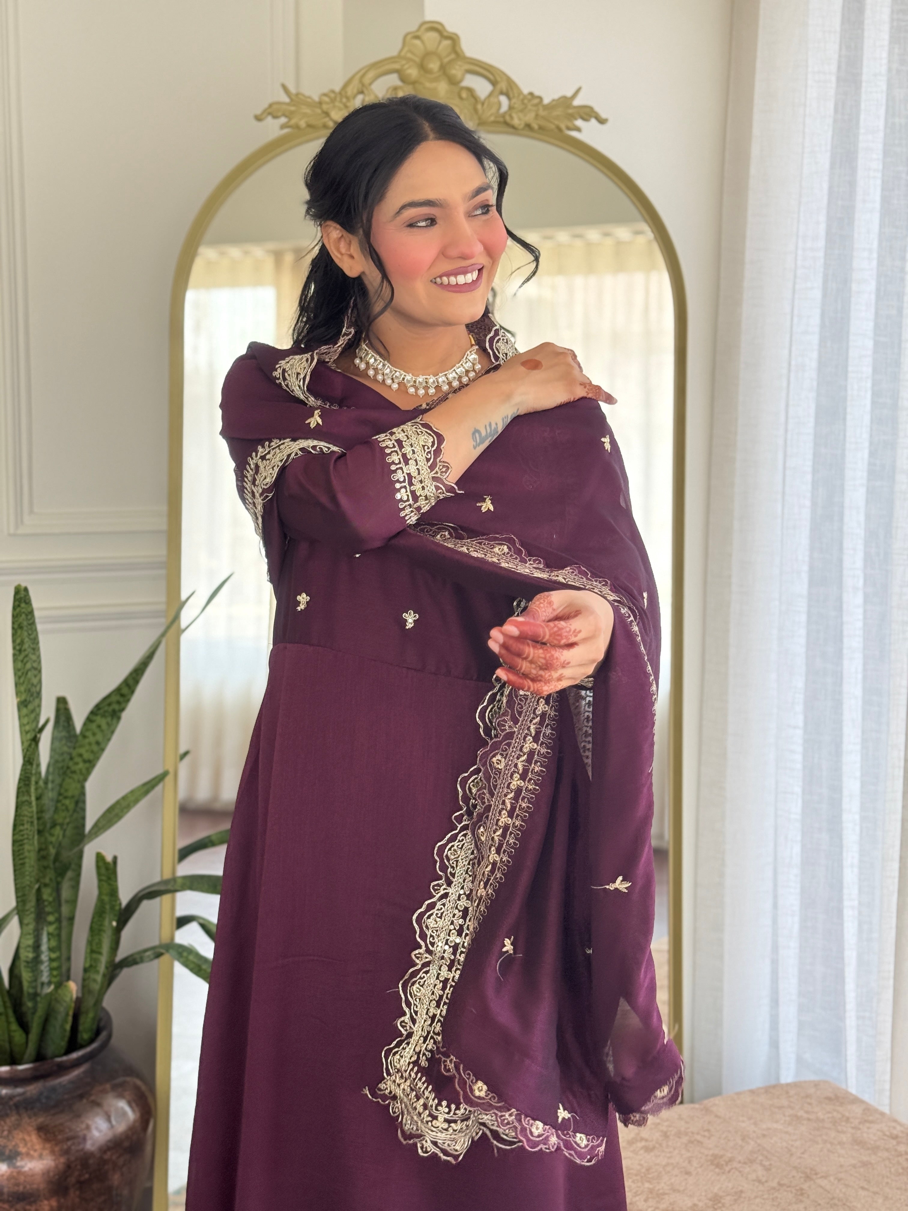 Designer Women’s Wine Anarkali Kurta Set with Embroidery, Pant & Dupatta