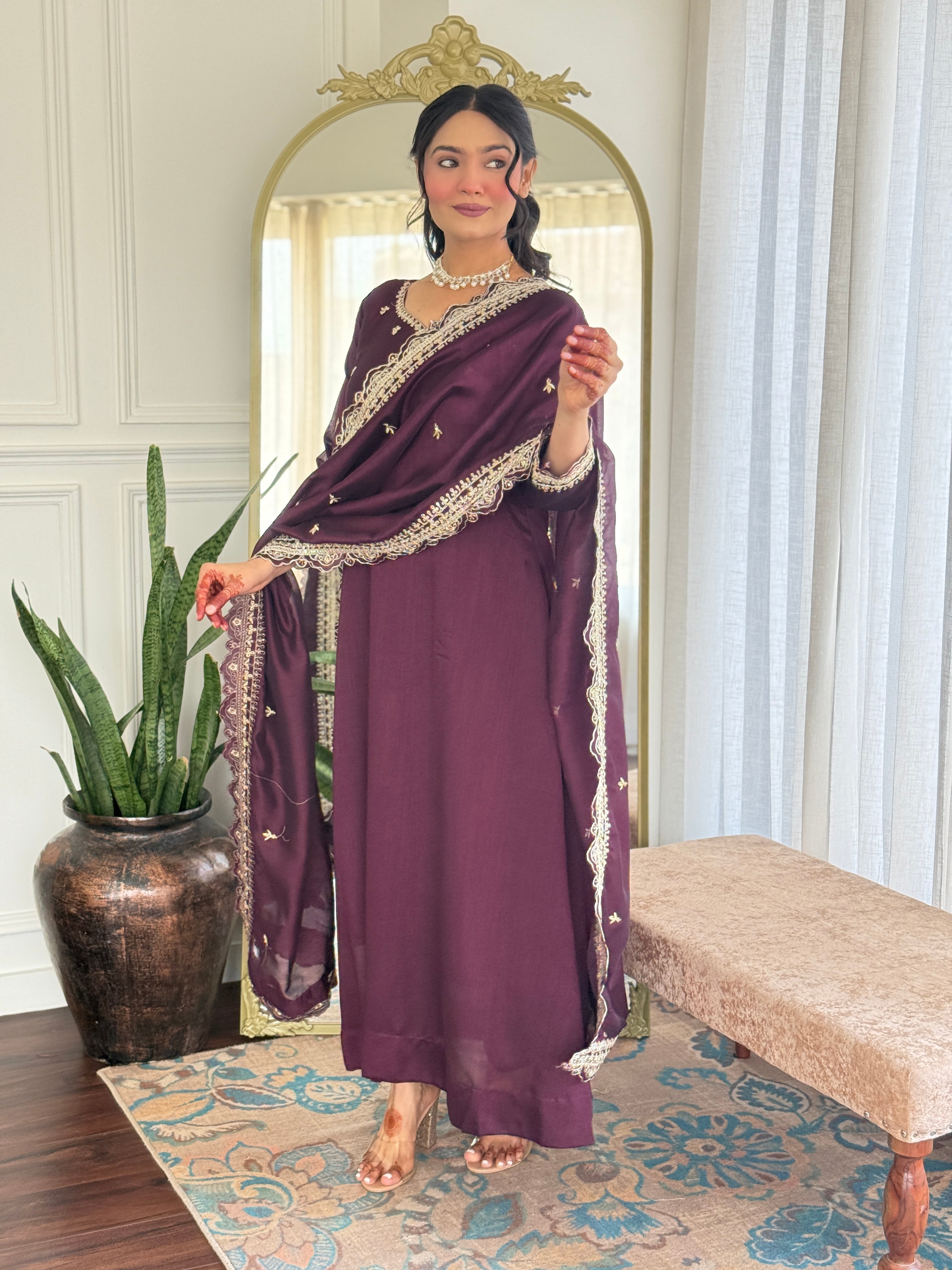 Designer Women’s Wine Anarkali Kurta Set with Embroidery, Pant & Dupatta
