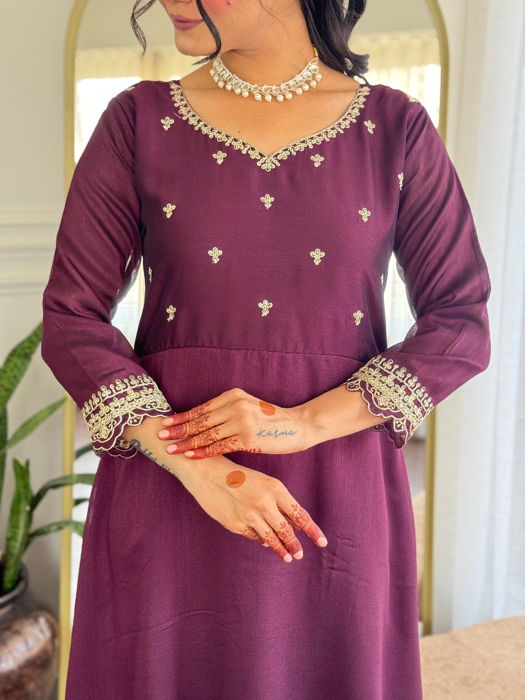 Designer Women’s Wine Anarkali Kurta Set with Embroidery, Pant & Dupatta