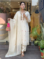 Chinon White Fabric Embroidered Kurta Set with Dupatta – Women’s Ethnic Wear