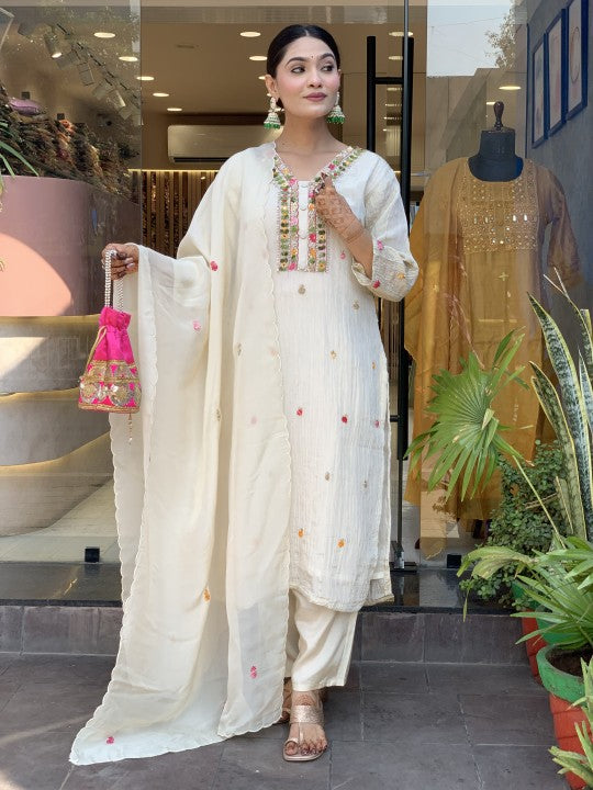 Chinon White Fabric Embroidered Kurta Set with Dupatta – Women’s Ethnic Wear