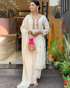 Chinon White Fabric Embroidered Kurta Set with Dupatta – Women’s Ethnic Wear