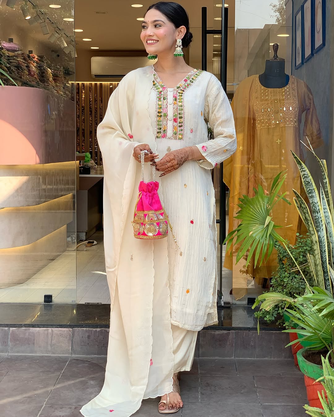 Chinon White Fabric Embroidered Kurta Set with Dupatta – Women’s Ethnic Wear