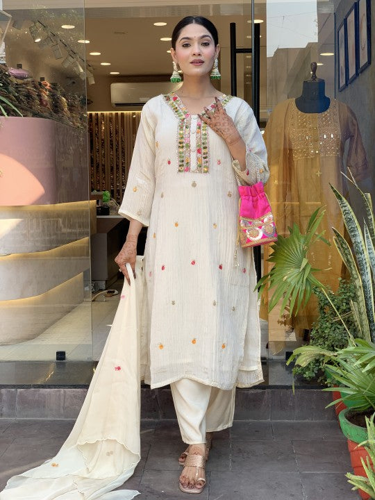 Chinon White Fabric Embroidered Kurta Set with Dupatta – Women’s Ethnic Wear