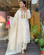 Chinon White Fabric Embroidered Kurta Set with Dupatta – Women’s Ethnic Wear