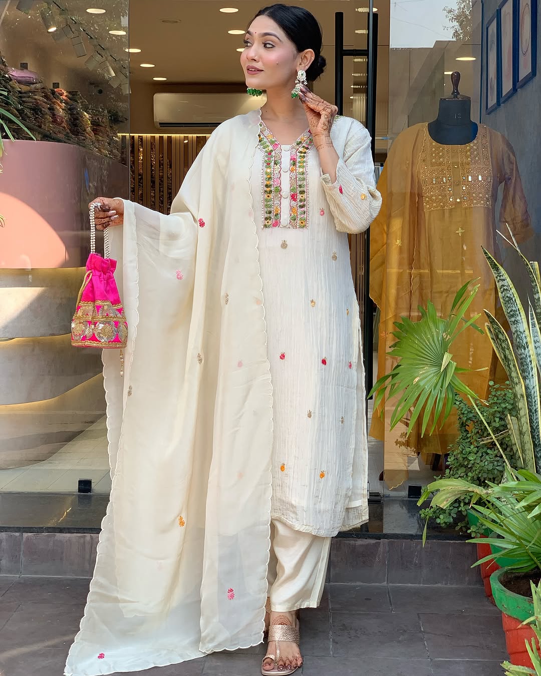 Chinon White Fabric Embroidered Kurta Set with Dupatta – Women’s Ethnic Wear
