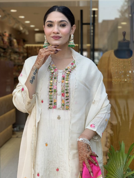 Chinon White Fabric Embroidered Kurta Set with Dupatta – Women’s Ethnic Wear