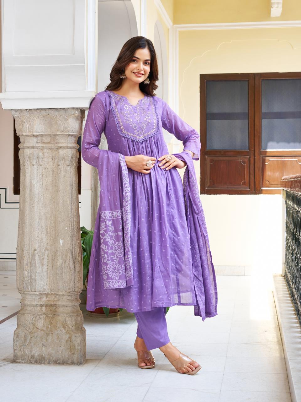 Women’s Lavender Pure Cotton Embroidered Kurta Set with Plain Bottom & Printed Dupatta