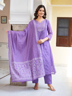Women’s Lavender Pure Cotton Embroidered Kurta Set with Plain Bottom & Printed Dupatta
