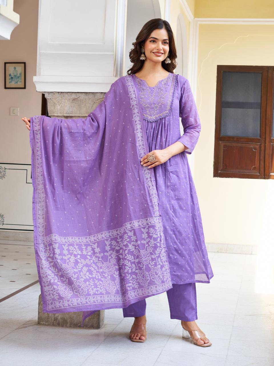Women’s Lavender Pure Cotton Embroidered Kurta Set with Plain Bottom & Printed Dupatta