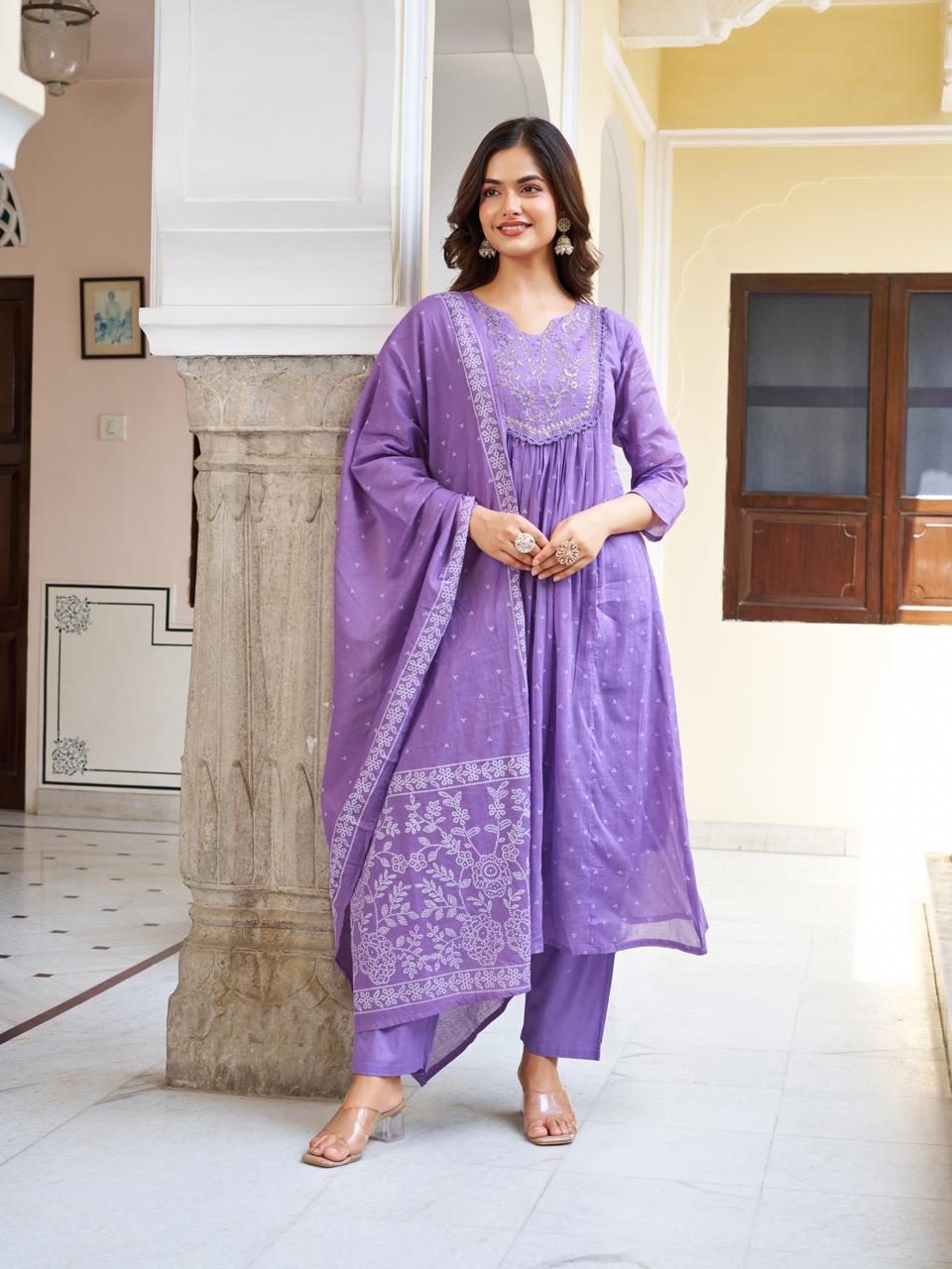 Women’s Lavender Pure Cotton Embroidered Kurta Set with Plain Bottom & Printed Dupatta