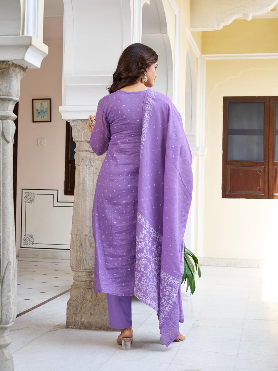 Women’s Lavender Pure Cotton Embroidered Kurta Set with Plain Bottom & Printed Dupatta
