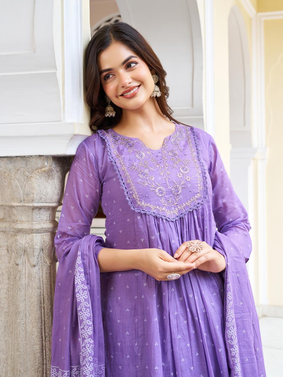 Women’s Lavender Pure Cotton Embroidered Kurta Set with Plain Bottom & Printed Dupatta