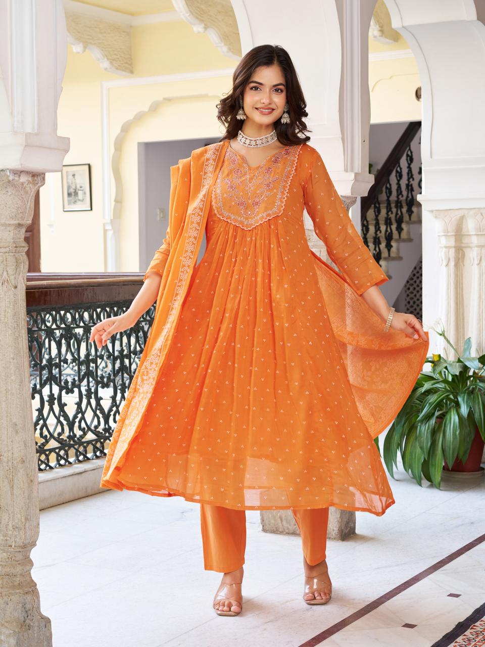 Women’s Orange Pure Cotton Embroidered Kurta Set with Plain Bottom & Printed Dupatta