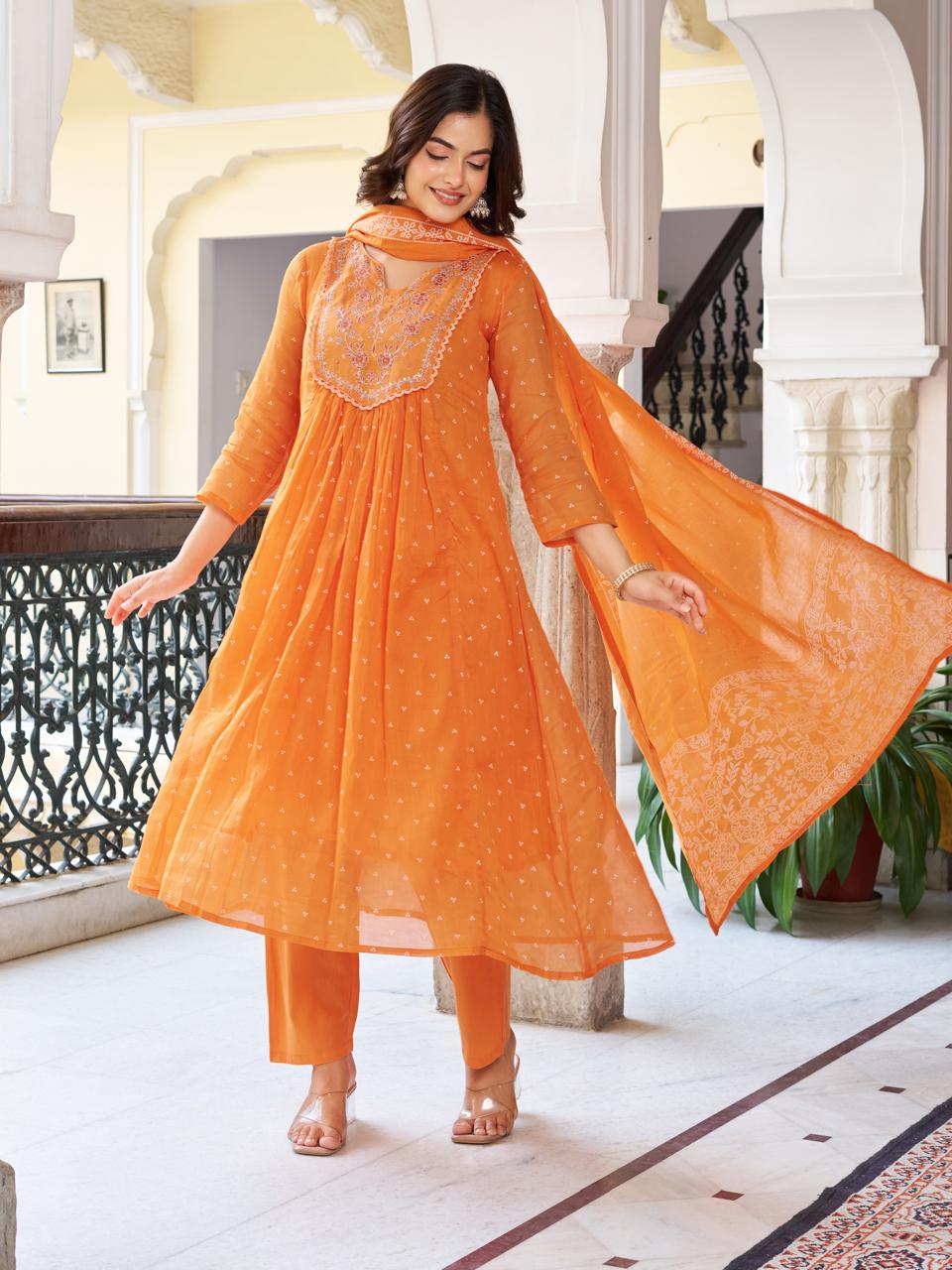 Women’s Orange Pure Cotton Embroidered Kurta Set with Plain Bottom & Printed Dupatta