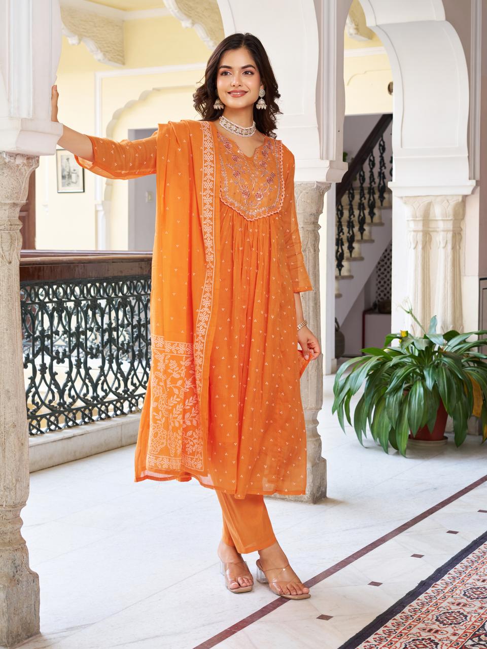 Women’s Orange Pure Cotton Embroidered Kurta Set with Plain Bottom & Printed Dupatta