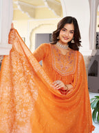 Women’s Orange Pure Cotton Embroidered Kurta Set with Plain Bottom & Printed Dupatta