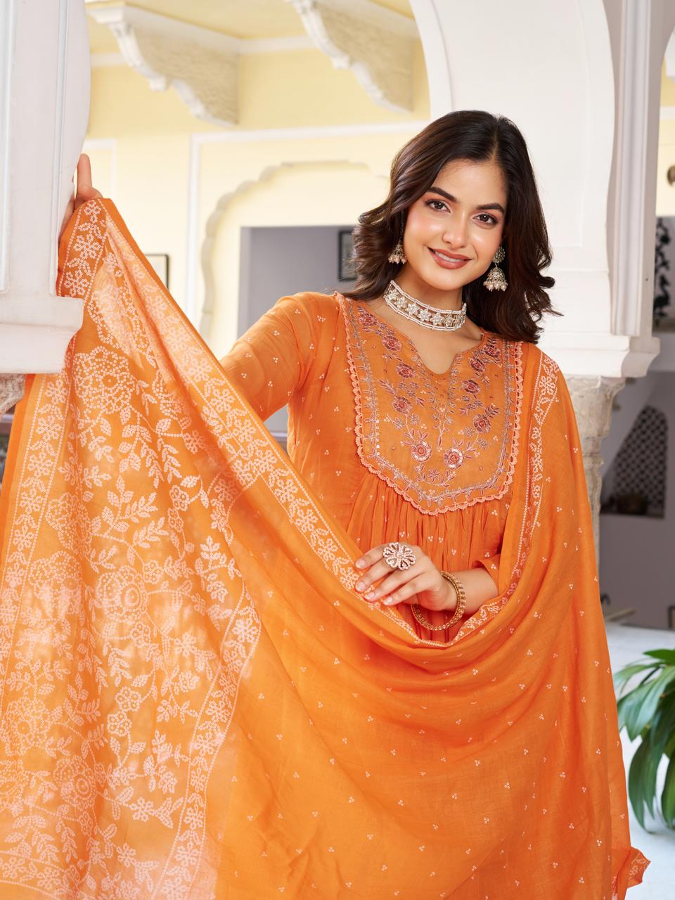 Women’s Orange Pure Cotton Embroidered Kurta Set with Plain Bottom & Printed Dupatta