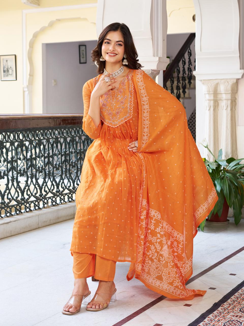 Women’s Orange Pure Cotton Embroidered Kurta Set with Plain Bottom & Printed Dupatta